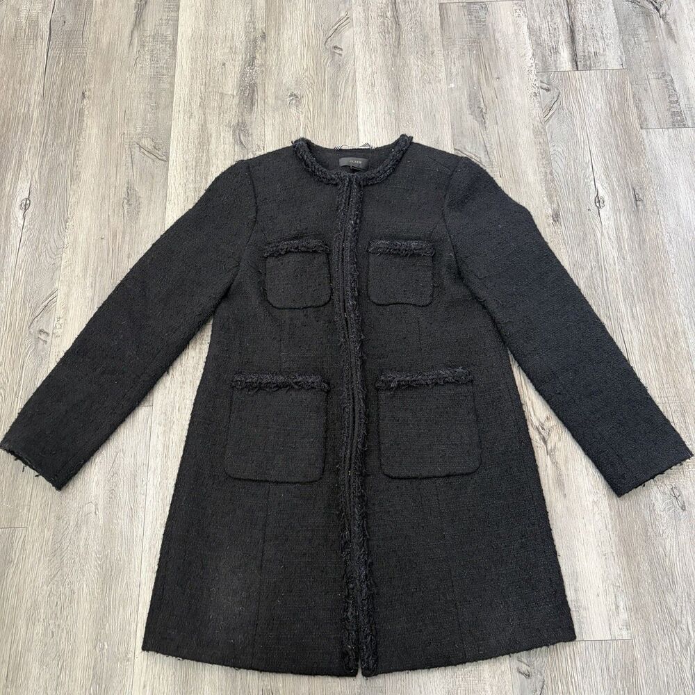 J.Crew Size 12 Women's Black Tweed Lurex Coat Braided Fringe Trim Black Mature